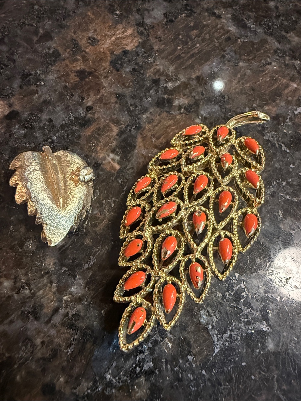 Vintage Gold-Tone Leaf Brooch with Coral Red Enamel Accents